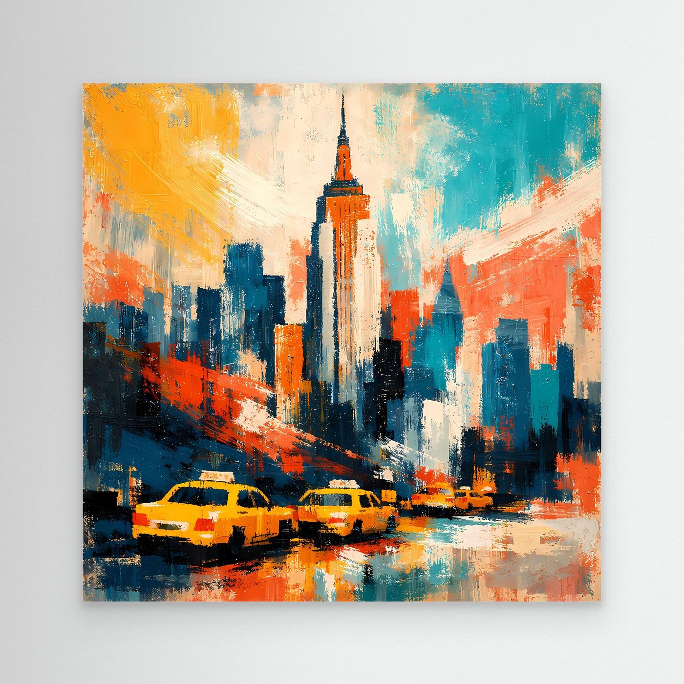 Abstraktes Leinwandbild mit New-York-Skyline, gelben Taxis und Wolkenkratzern in Blau/Orange.