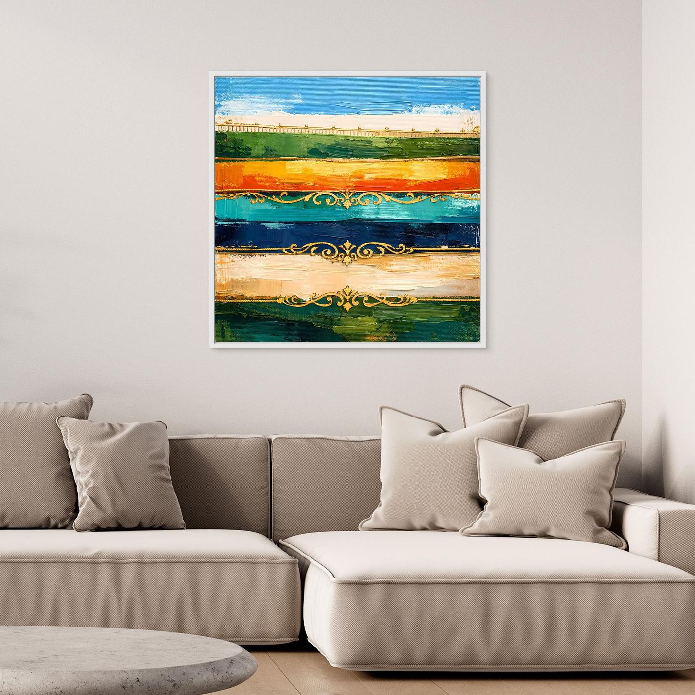 Leinwand Elegante Abstrakte Farbstreifen | Modernes Wandbild mit Goldornamenten