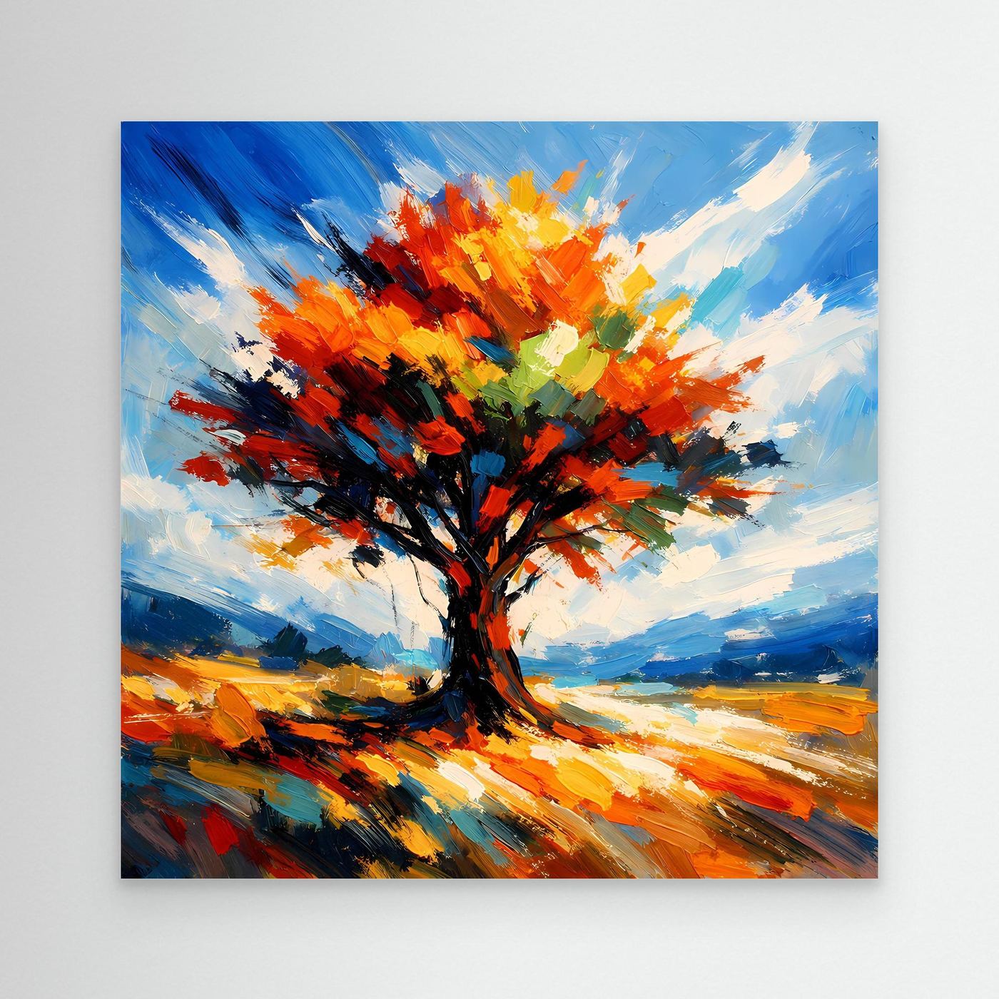 Leinwandbild mit Herbstbaum in Impasto-Optik, orange-gelben Kronen und kräftigen Pinselstrichen