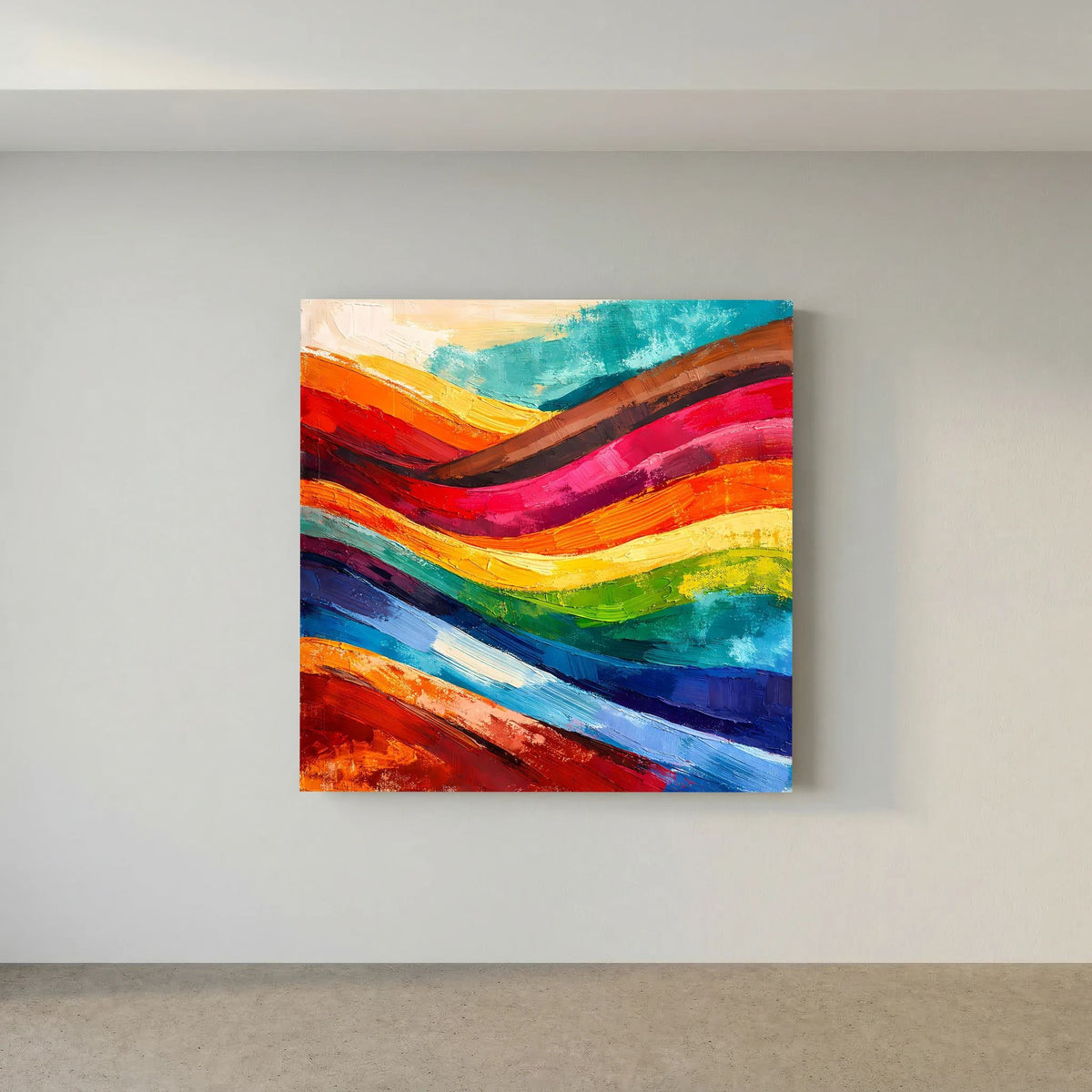 Abstraktes Leinwandbild auf der Wand: bunte, geschichtete Farbstriche in Blau, Rot und Grün