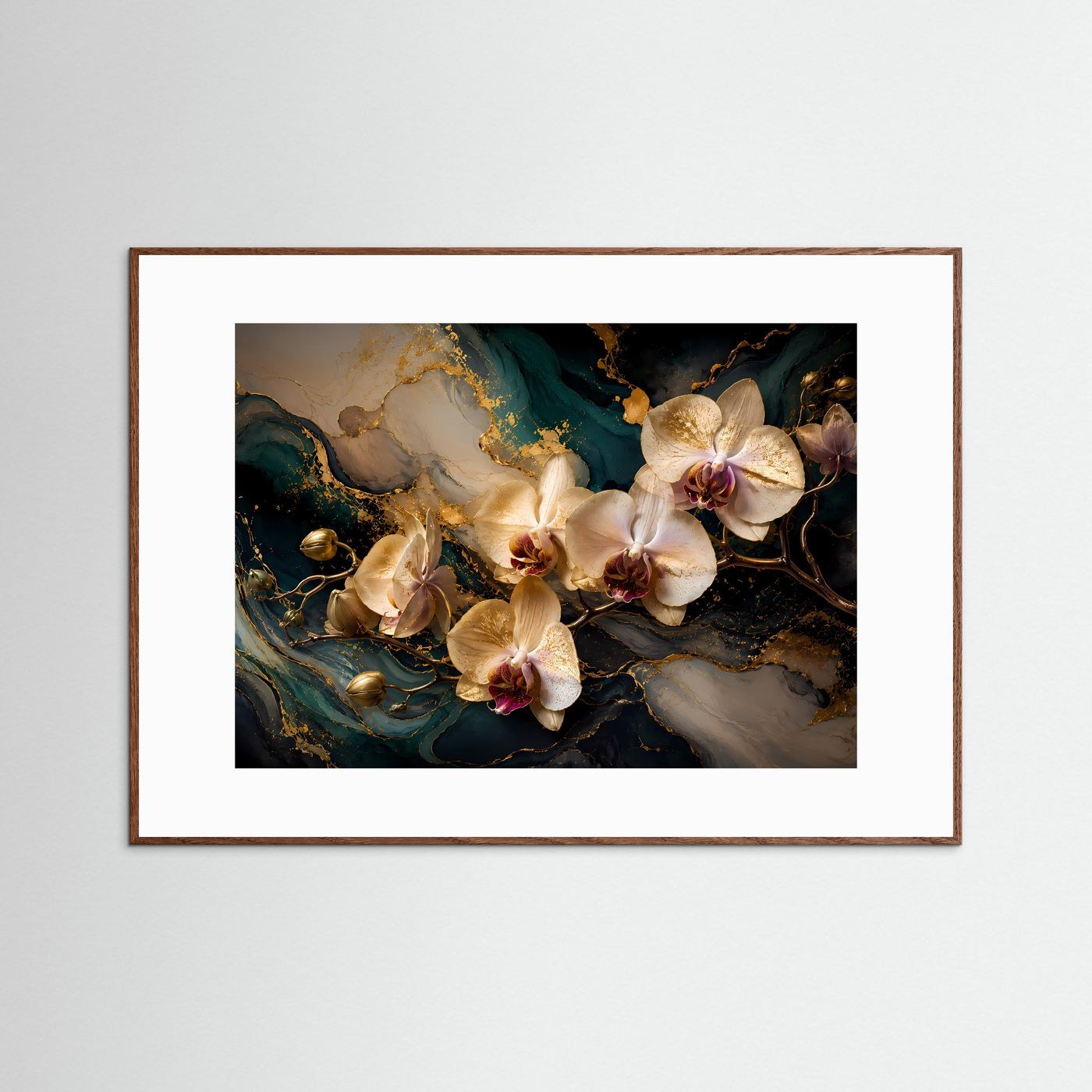 Orchideen-Poster im Querformat mit marmoriertem Hintergrund, dunkler brauner Holzrahmen