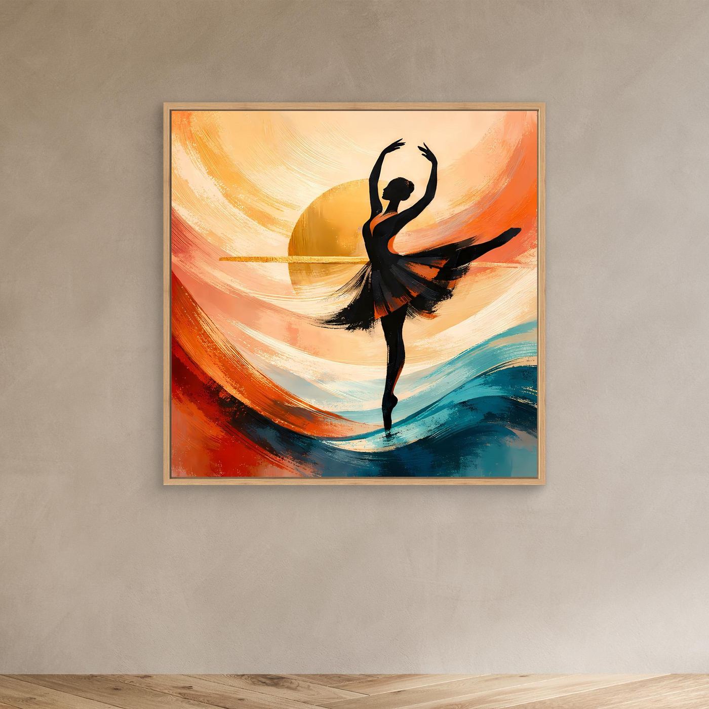 Abstraktes Leinwandbild im hellen Holzrahmen mit Ballerina-Silhouette in Orange-Blau-Farben