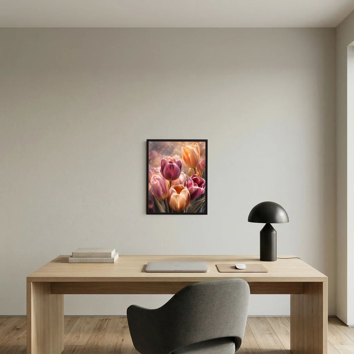 Gerahmtes Blumenposter mit Tulpen in Rosa- und Orangetönen, Hochformat.
