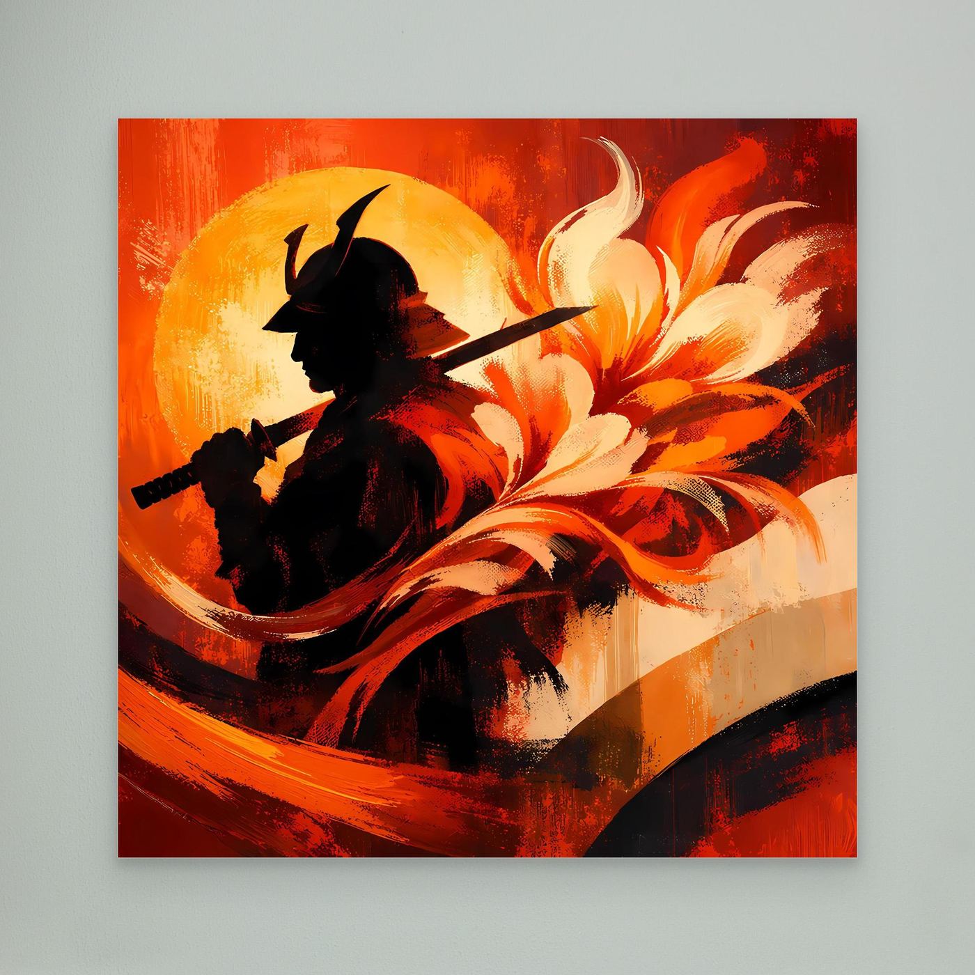 Japanisches Leinwand-Wandbild mit schwarzer Samurai-Silhouette und roten Flammen (nah)
