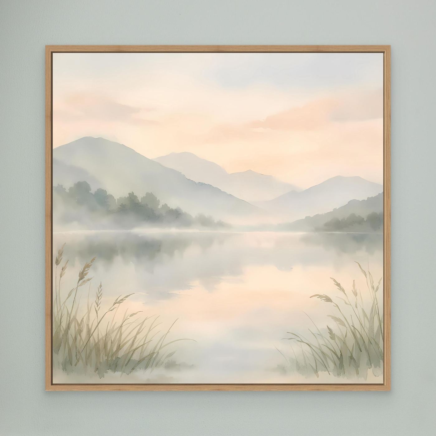 Leinwandbild nebliger Bergsee im Aquarellstil mit Eichenholzrahmen, nebliger See
