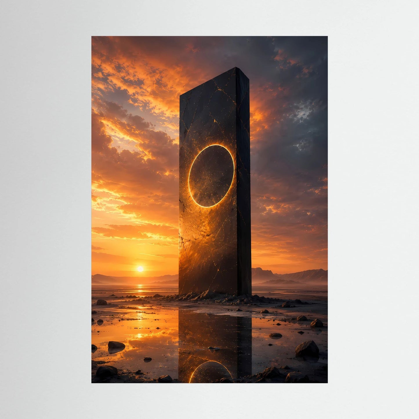Hochformat-Poster: schwarzer Monolith mit goldenem Portalring, Sonnenuntergang über dem Meer.
