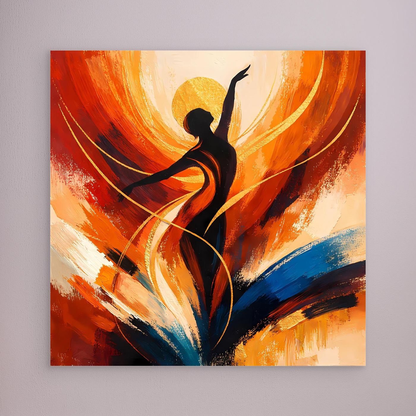 Leinwandbild mit Tänzerin-Silhouette und abstrakten Pinselstrichen in Orange, Gelb und Blau