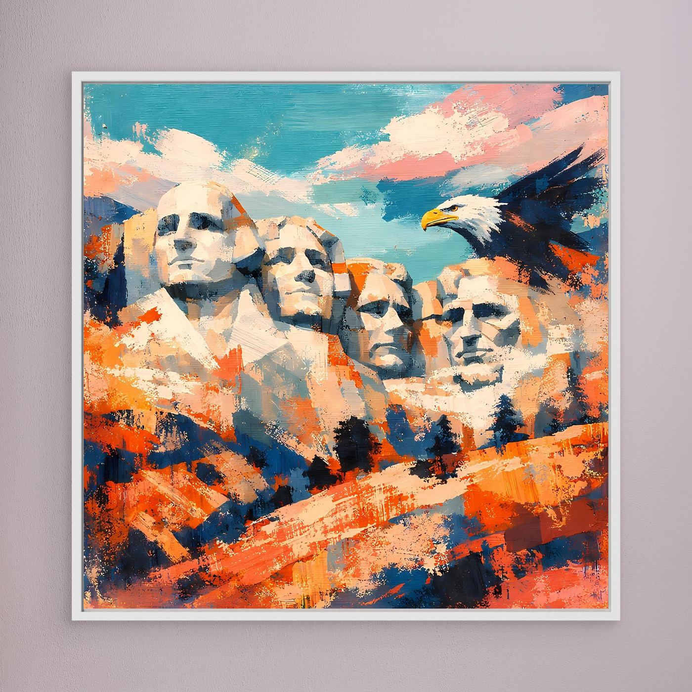 Abstraktes Leinwand-Wandbild mit Mount-Rushmore-Gesichtern und Adler, weiß gerahmt, bunt