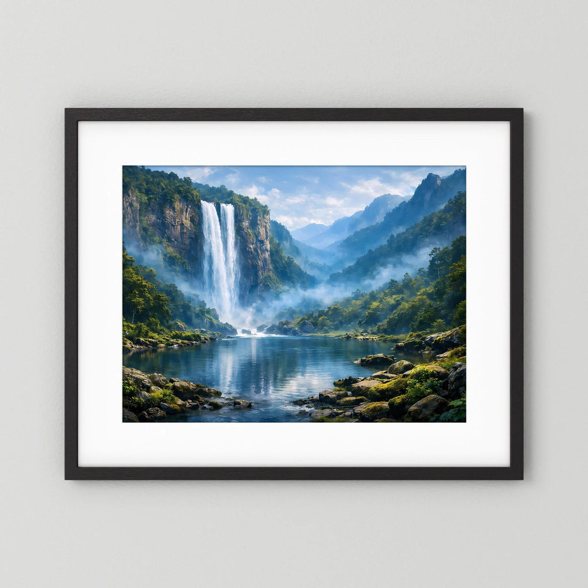 Wandbild im Querformat mit Wasserfall im Bergwald, schwarzer Rahmen und weißem Rand