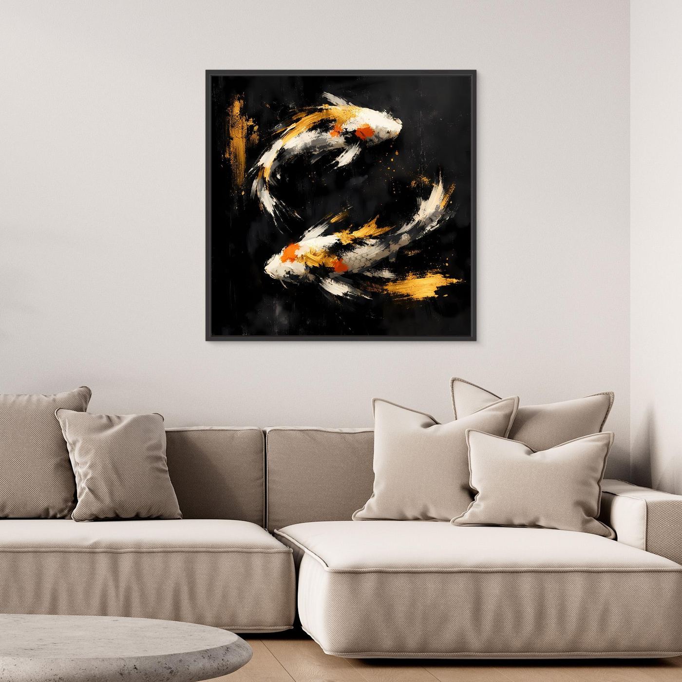 Leinwand Abstrakte Koi-Fische in Gold und Orange | Modernes Yin Yang Wandbild