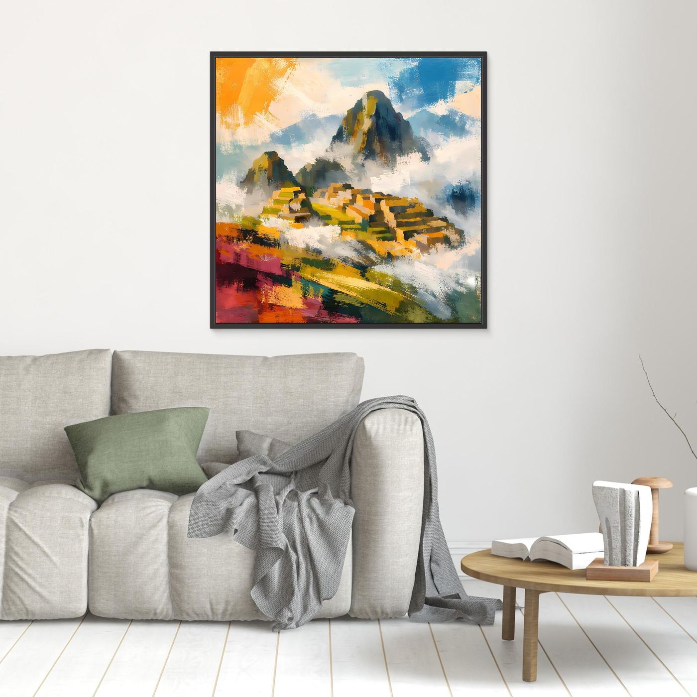 Abstraktes Wandbild mit bunten Pinselstrichen und Berglandschaft, im schwarzen Rahmen