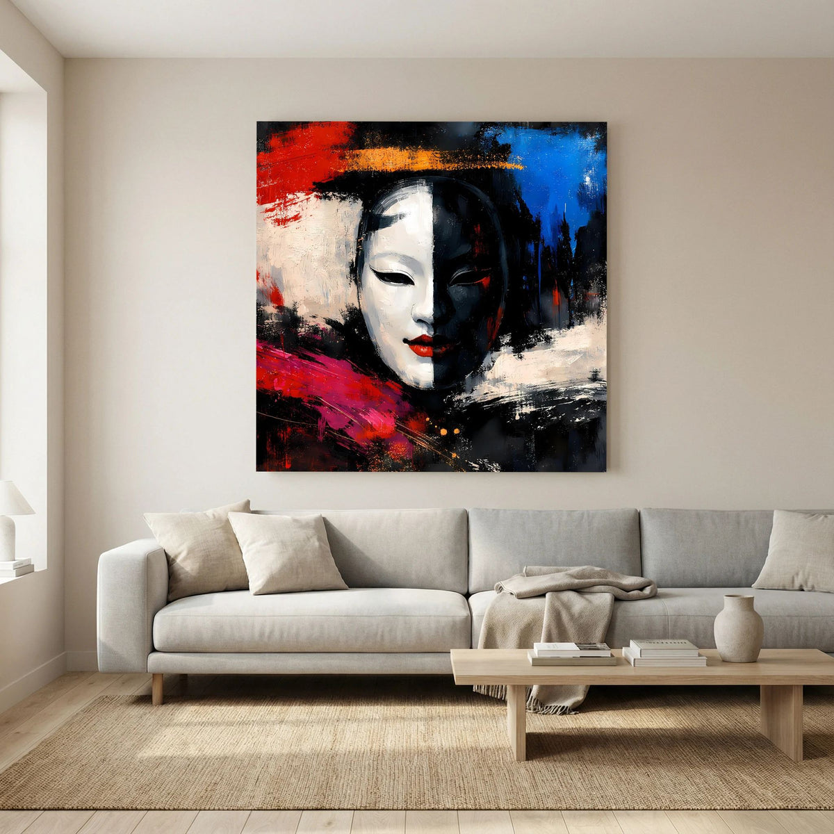 Abstraktes Leinwandbild mit Geisha-Maske, halb geschlossenes Auge, weißes Gesicht, rot-blau