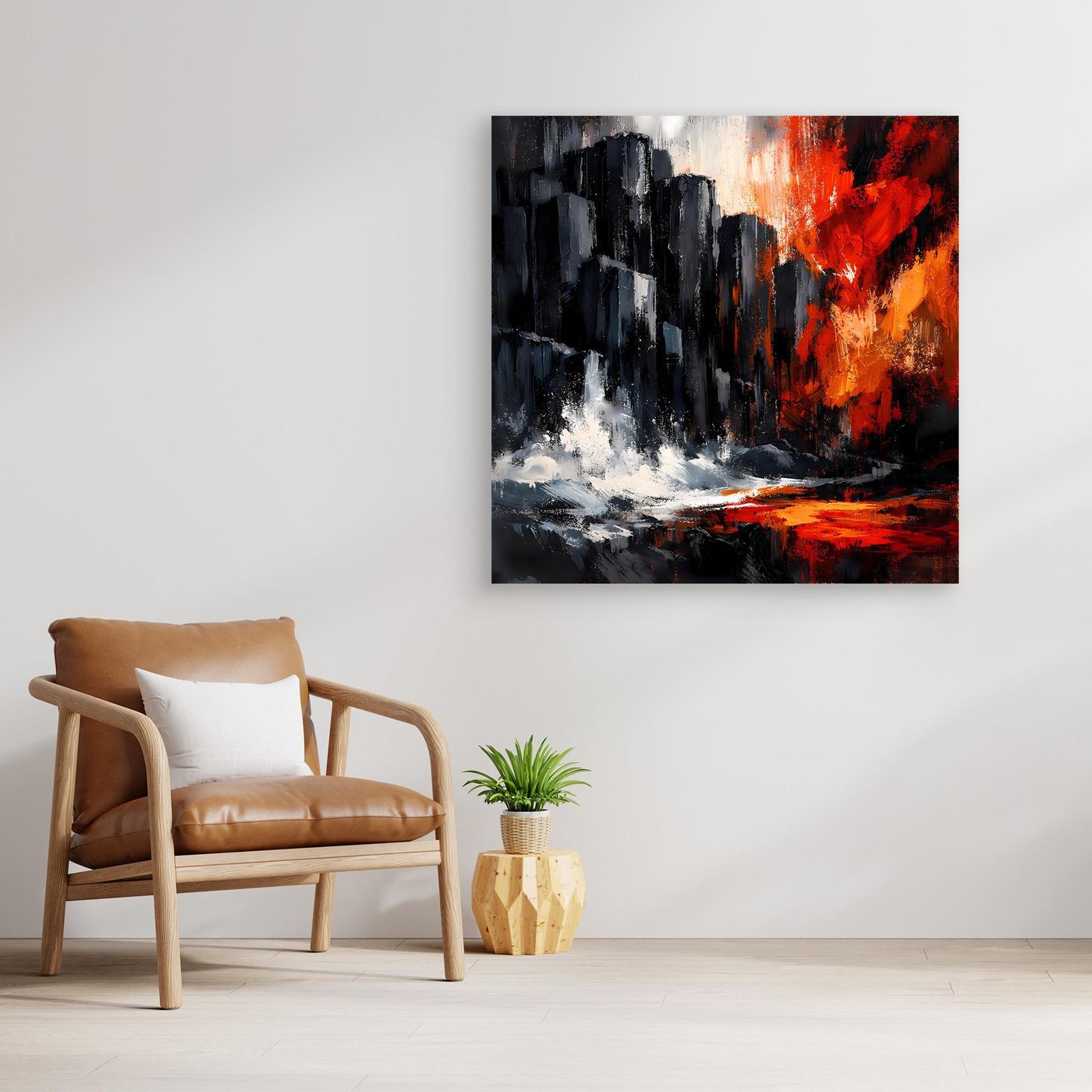 Leinwand-Wandbild mit abstrakten Felsklippen, rotem Sonnenuntergang und ohne sichtbaren Rahmen