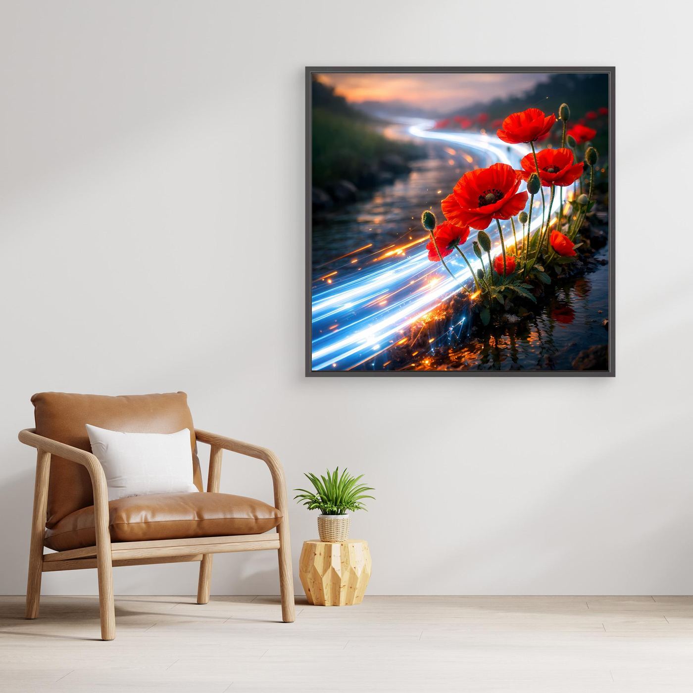 Leinwandbild mit roten Mohnblumen und Lichtfluss über Wasser, im schwarzen Rahmen