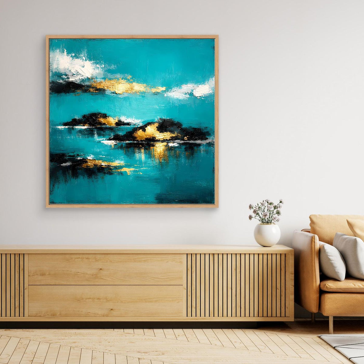 Abstraktes Wandbild mit beigem Holzrahmen, türkis und gold mit dunkler Insel