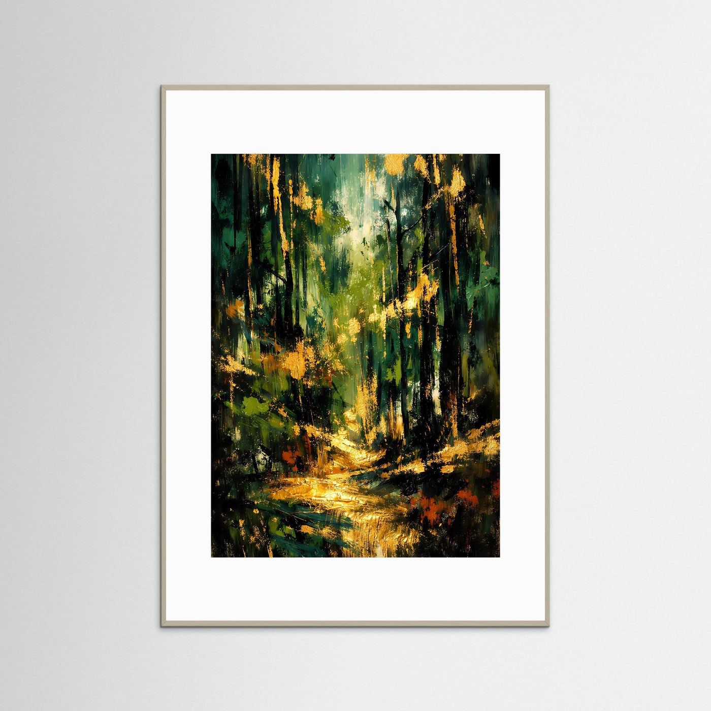 Naturposter mit abstraktem Waldmotiv, graubraun gerahmt, mit weißem Passepartout