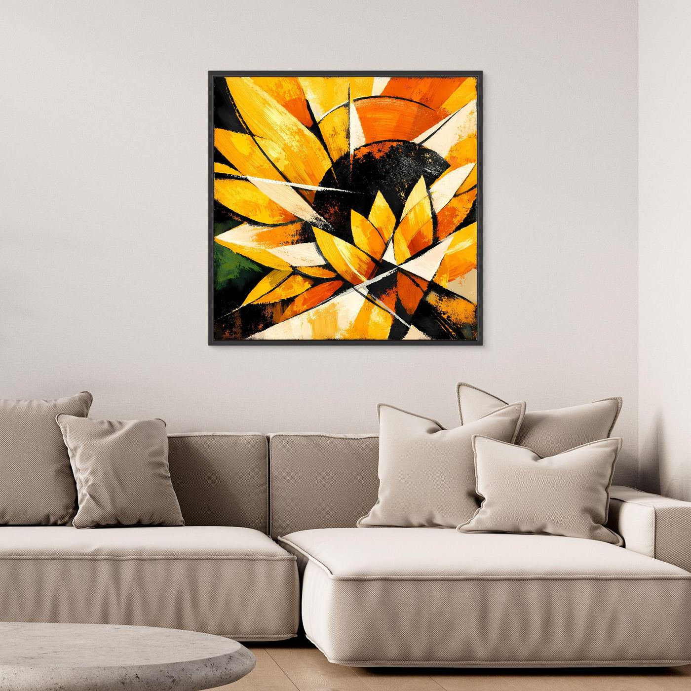 Leinwandbild abstrakte Sonnenblume mit gelben Blütenblättern, Orange-Elementen und schwarzen Linien