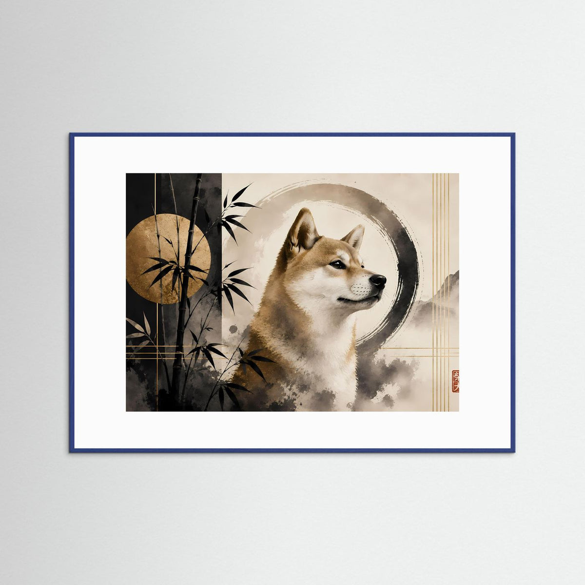 Gerahmtes Poster im Querformat mit Shiba Inu, Bambus und Zen-Motiv in warmen Grautönen