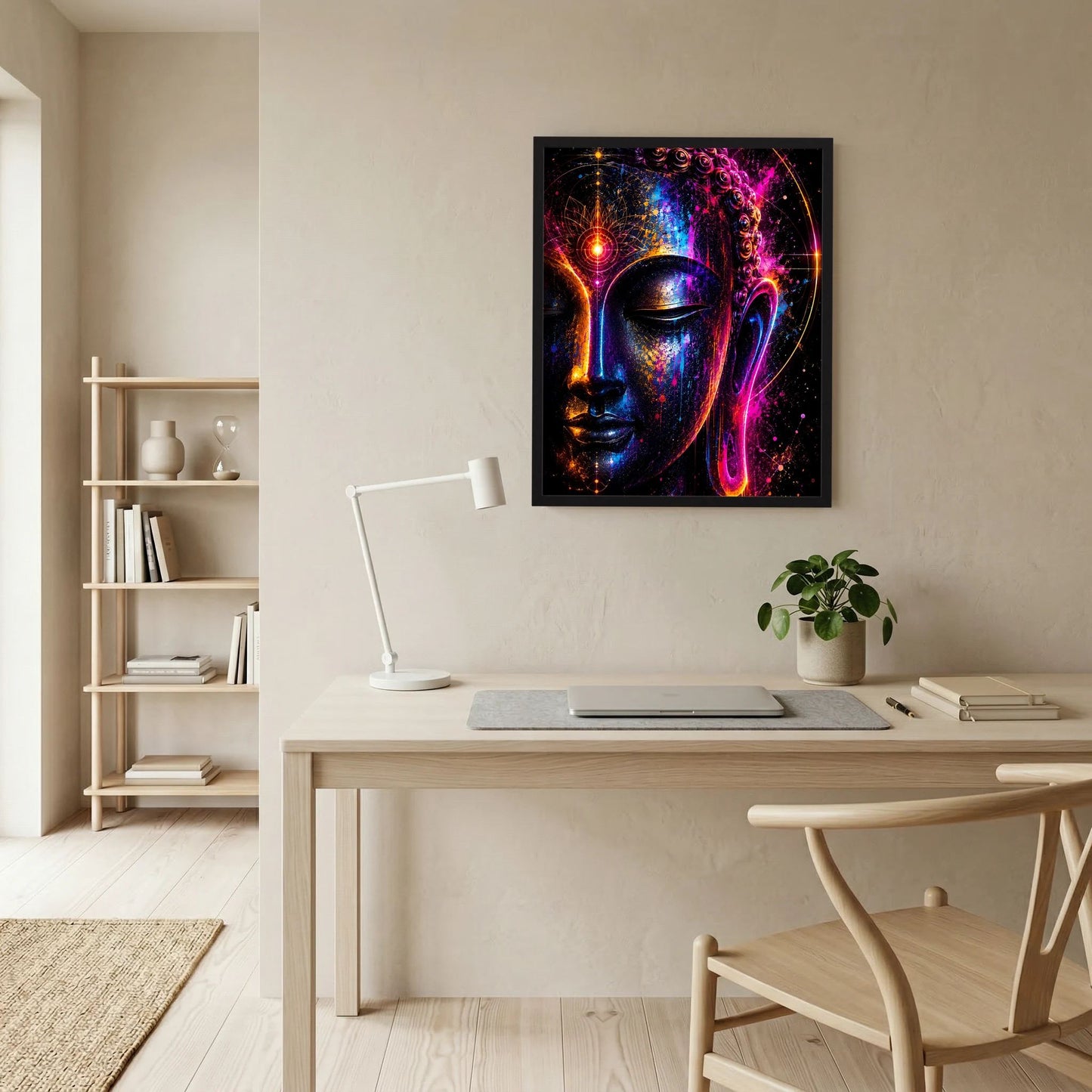 Neon-Buddha-Gesicht Poster im schwarzen Rahmen im Homeoffice über dem Schreibtisch