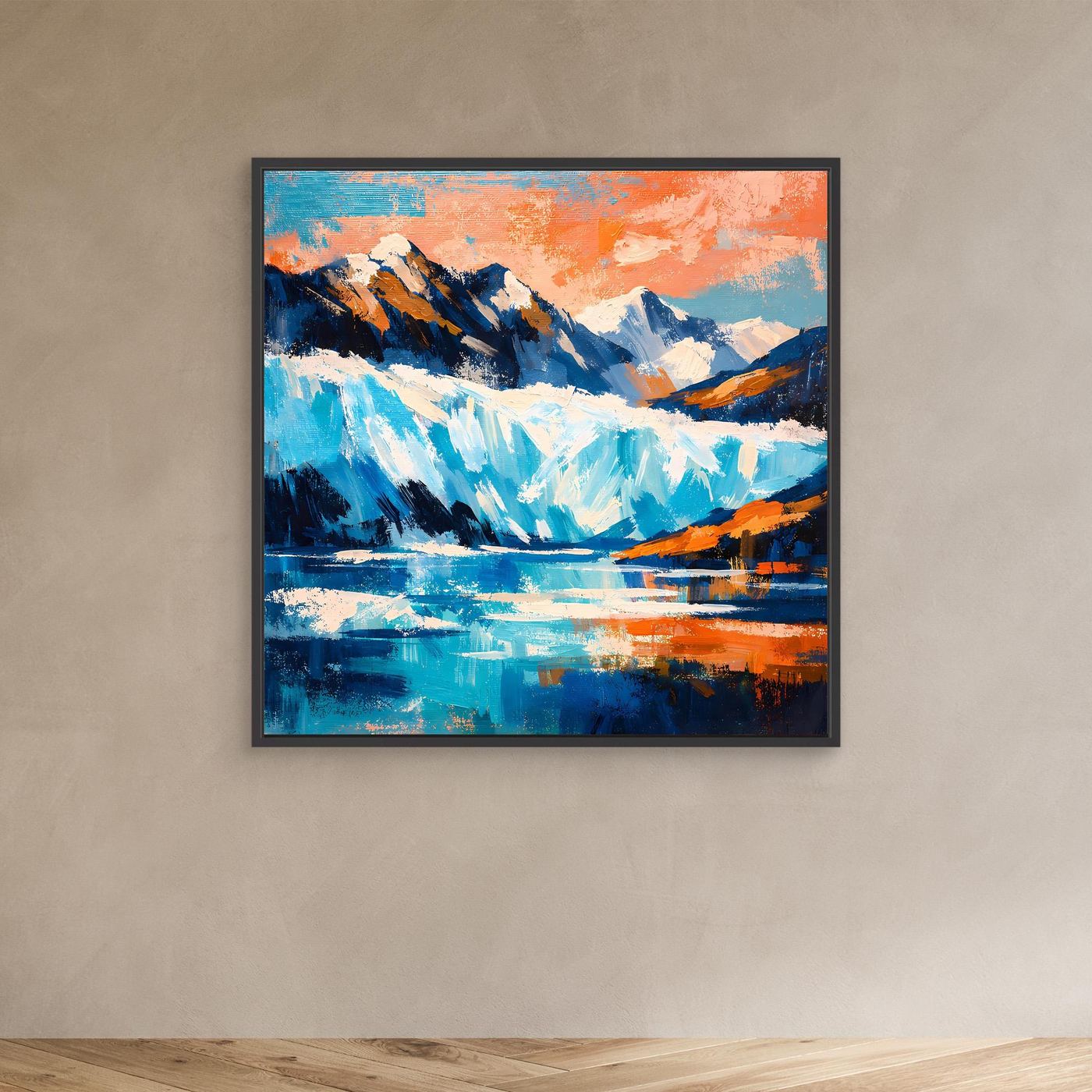 Wandbild mit abstrakter Arktislandschaft im schwarzen Rahmen: Berge, Gletscher, Eis in Blau.