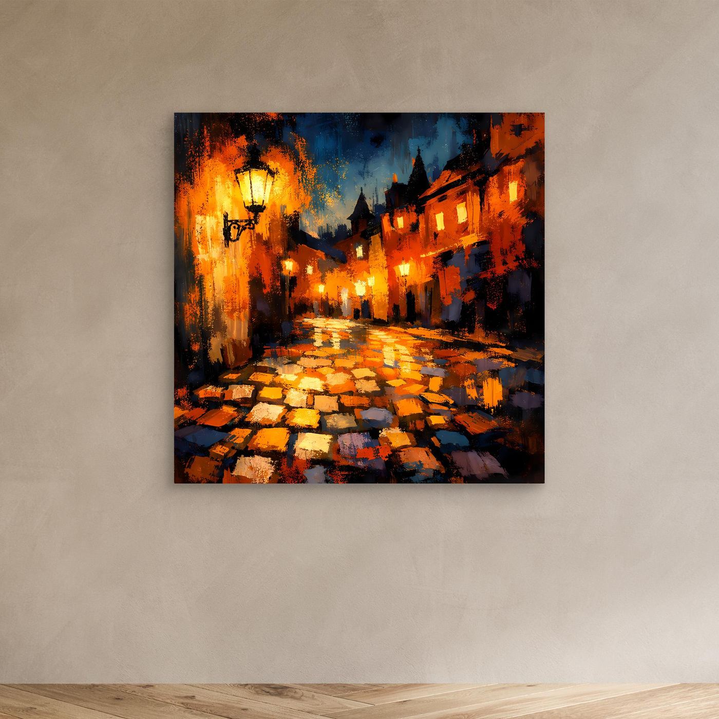 Leinwand Abstraktes Altstadt Gemälde | Modernes Romantisches Gassen Wandbild bei Nacht