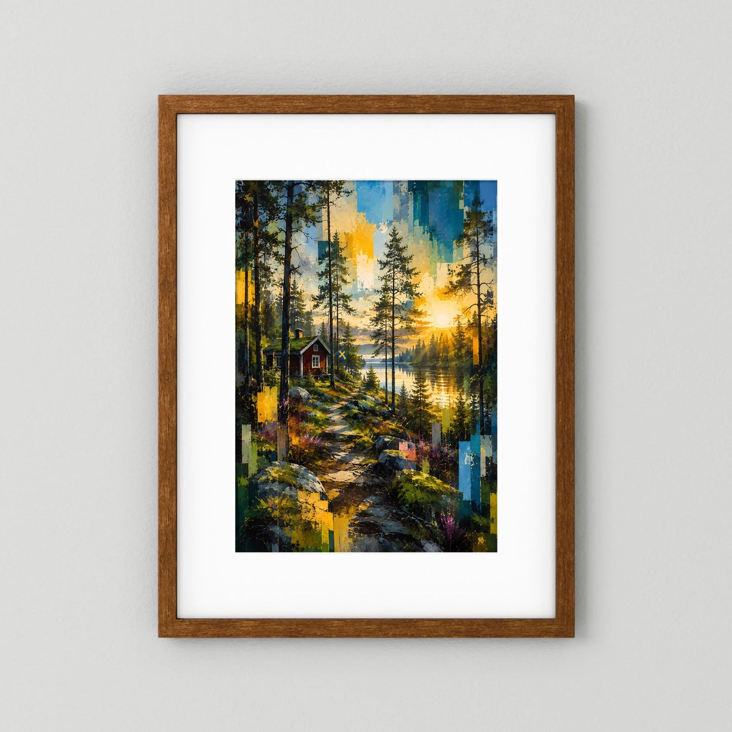 Gerahmtes Poster im Hochformat mit Waldweg, See und kleinem Haus bei Sonnenuntergang, brauner Holzrahmen
