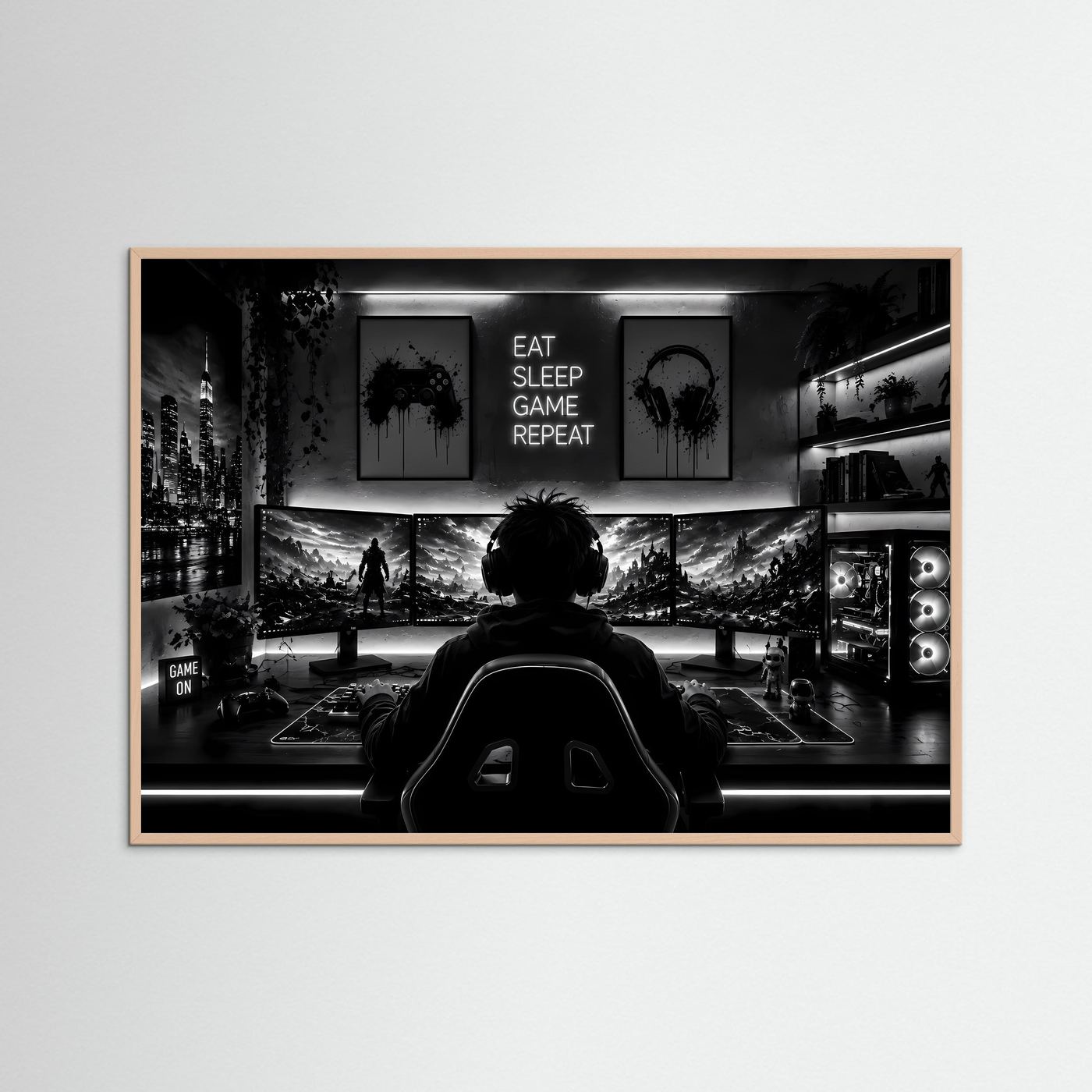 Gaming Poster Schwarz Weiß | Gamer Setup Wandbild | Gaming Room Deko | PC Gaming Kunst | Monochromer Fine Art Print