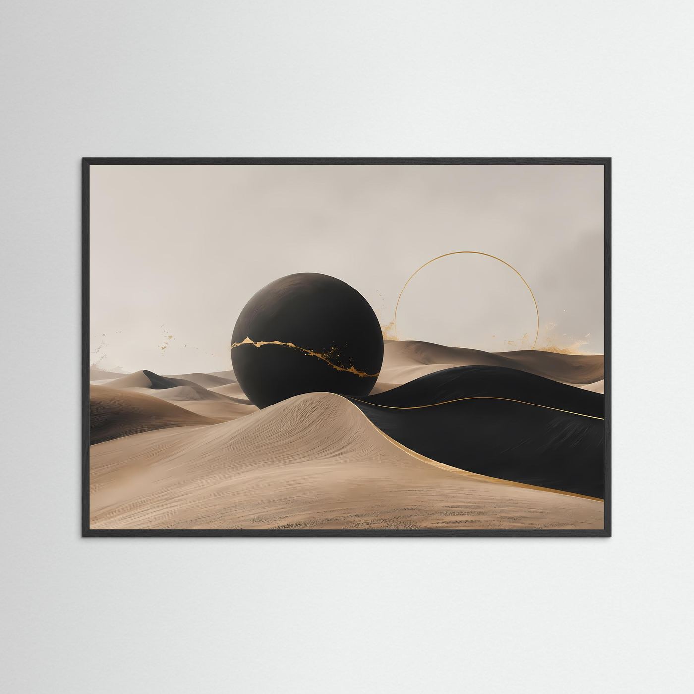 Minimalistische Wüstenlandschaft in Schwarz & Beige | Abstrakte Kunst mit Gold