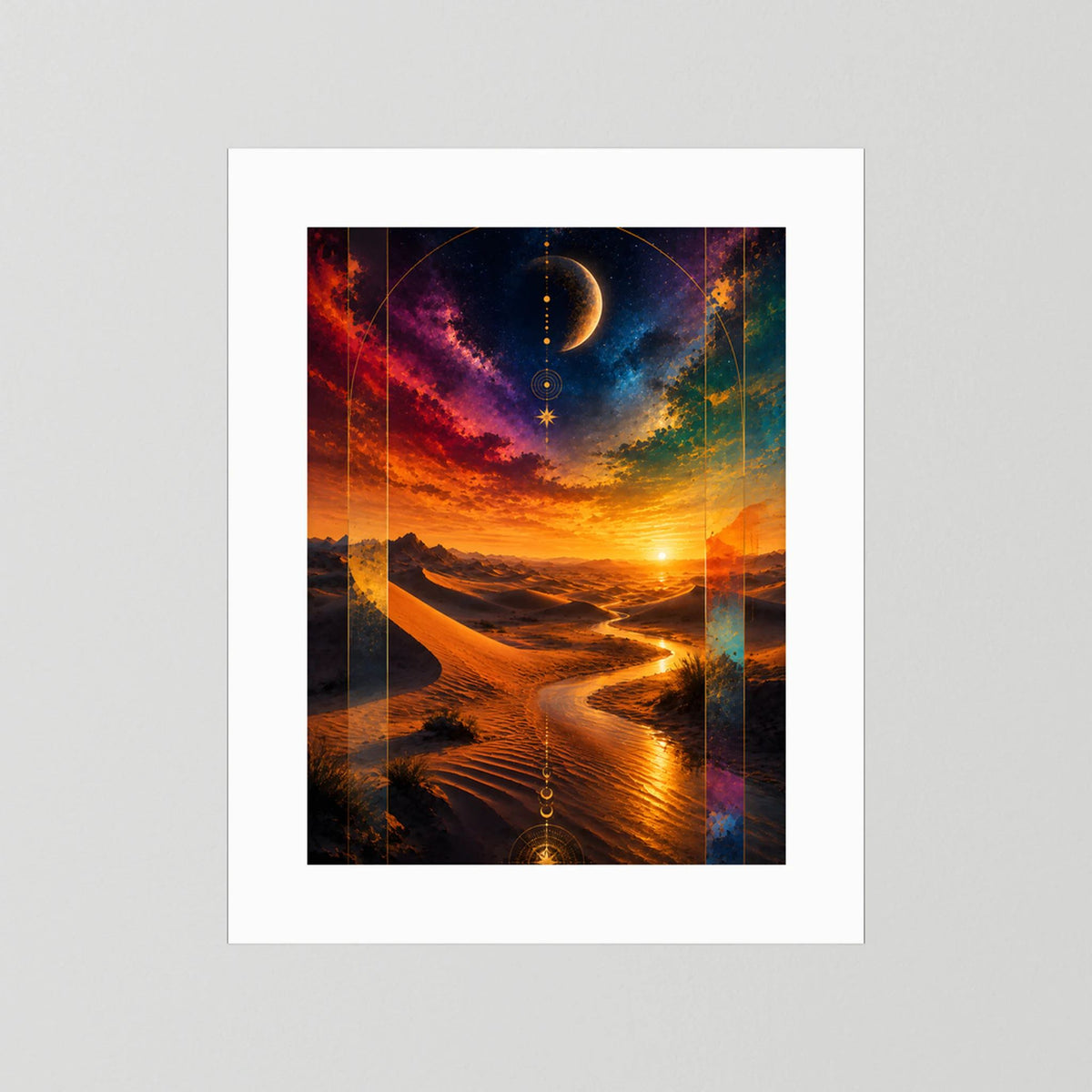 Poster Hochformat mit weißem Rand: kosmische Wüste mit Mond, orangefarbener Sonnenuntergang.