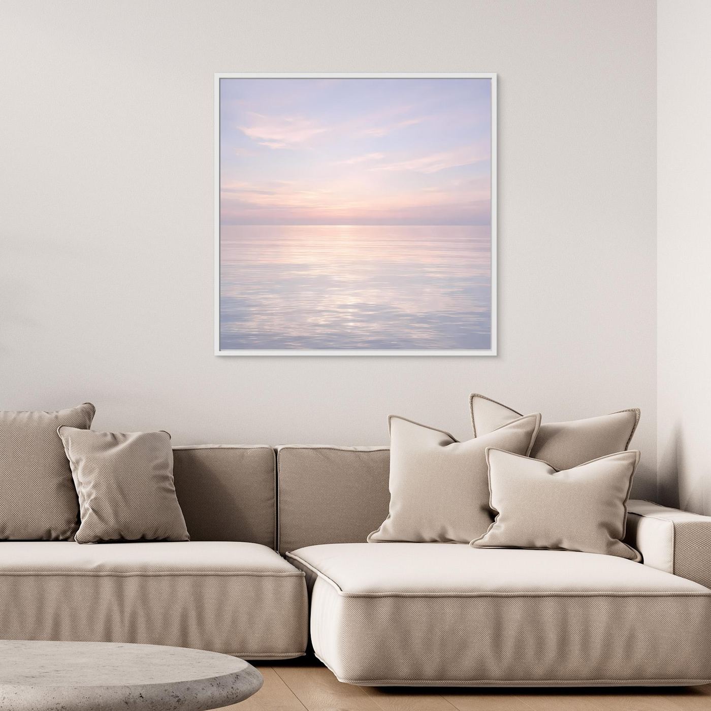 Wandbild mit weißem Rahmen: Pastellmeer mit zartem Sonnenuntergangshimmel