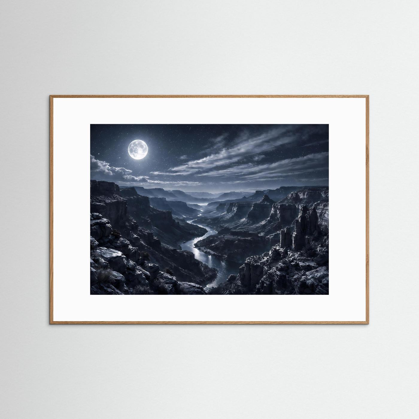 Wandbild-Poster mit hellem Holzrahmen und mondbelebter Canyonlandschaft im Nachtstil