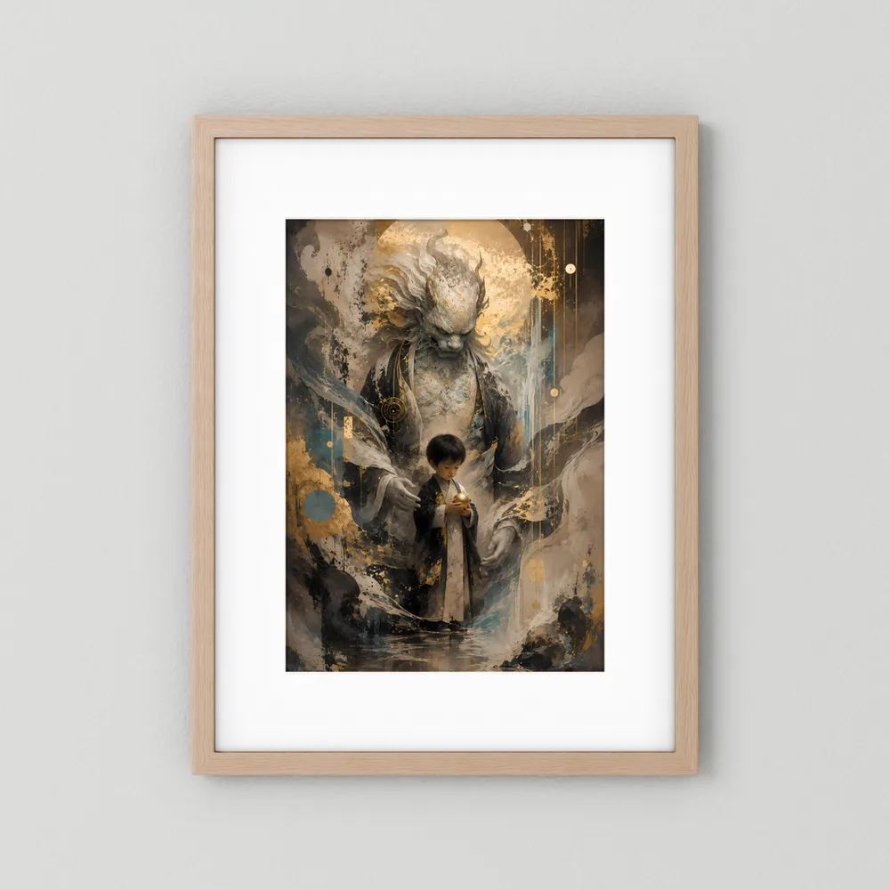 Hochformat-Poster mit mystischem Wächter und Kind, Gold-Schwarz-Motive, helle Holzumrandung