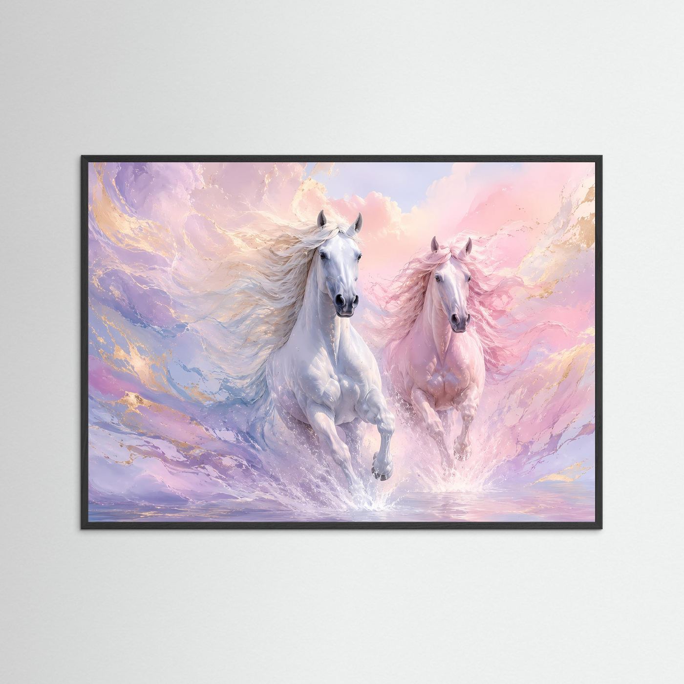 Pferde Poster Querformat | Elegante Weiße Pferde in Pastellfarben | Modernes Wandbild mit Goldakzenten