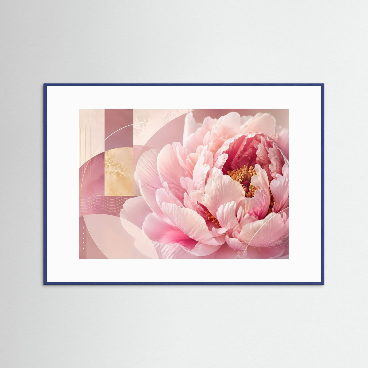 Querformat-Poster mit pastellrosa Pfingstrose im floralen Motiv, blauer Rahmen