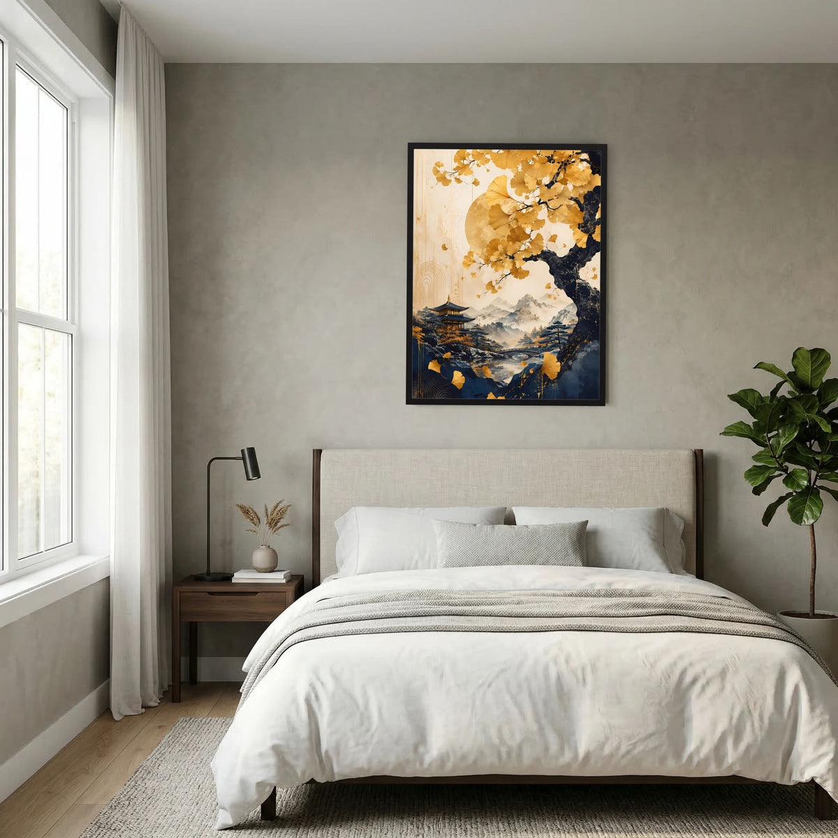 Hochformatiges Poster mit goldener Ginkgo-Krone, Mondschein und Pagode, schwarzer Rahmen