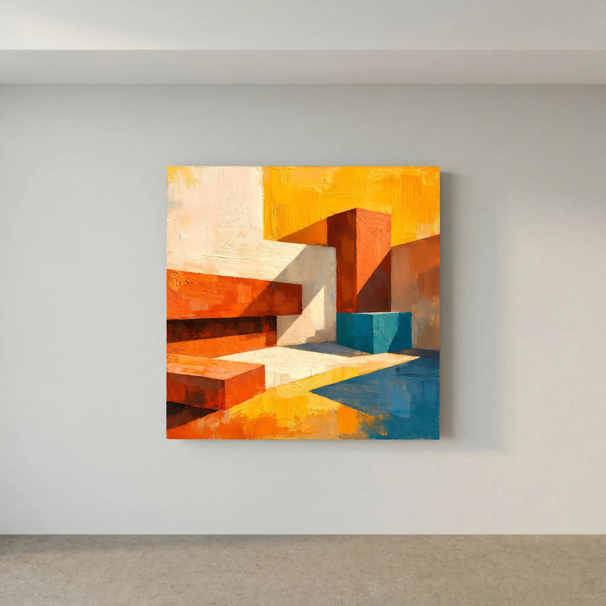 Abstraktes Leinwand-Wandbild mit Blockkunst aus Orange, Weiß und Blau