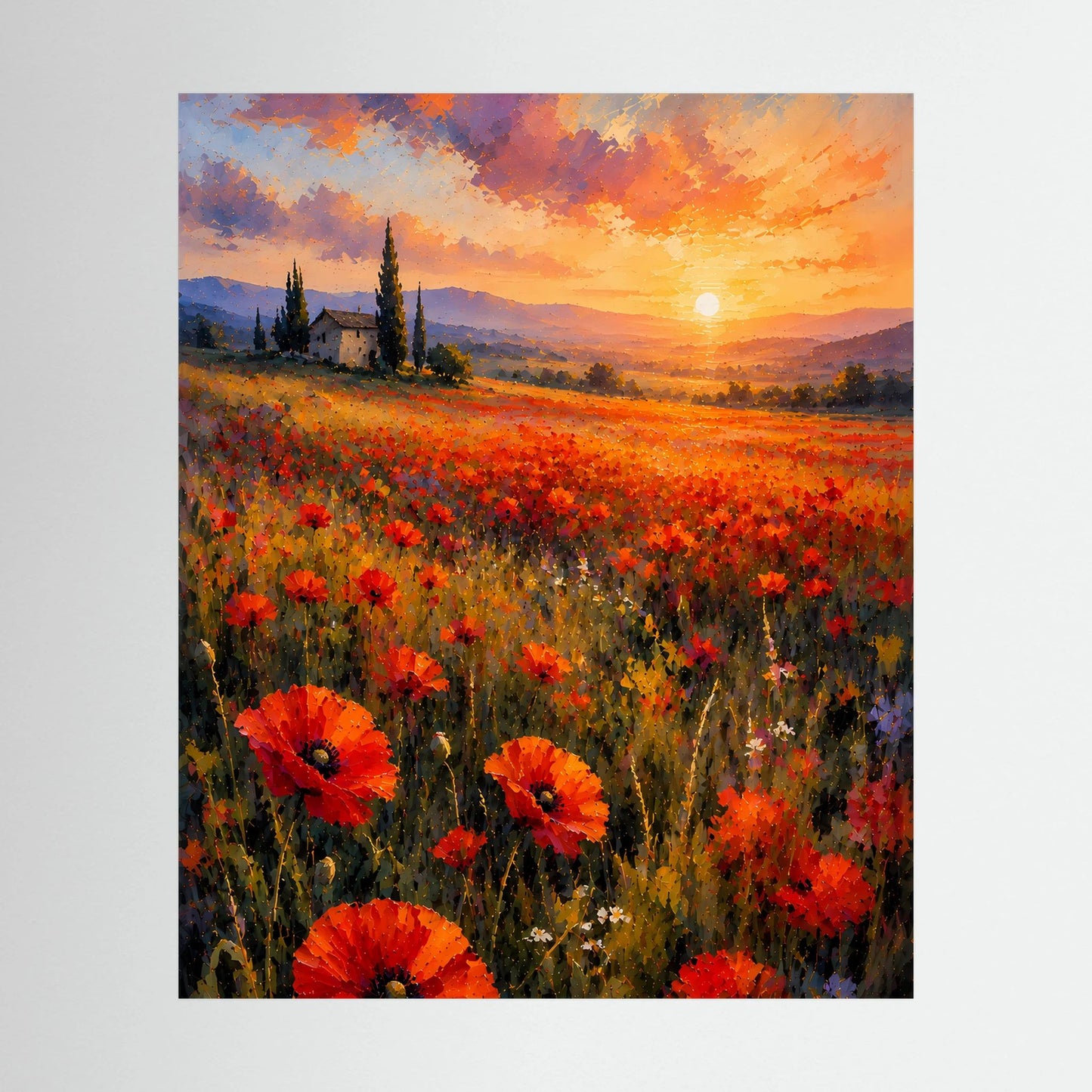 Hochformat-Poster mit Mohnblumen und Sonnenuntergangslandschaft in Rot und Orange