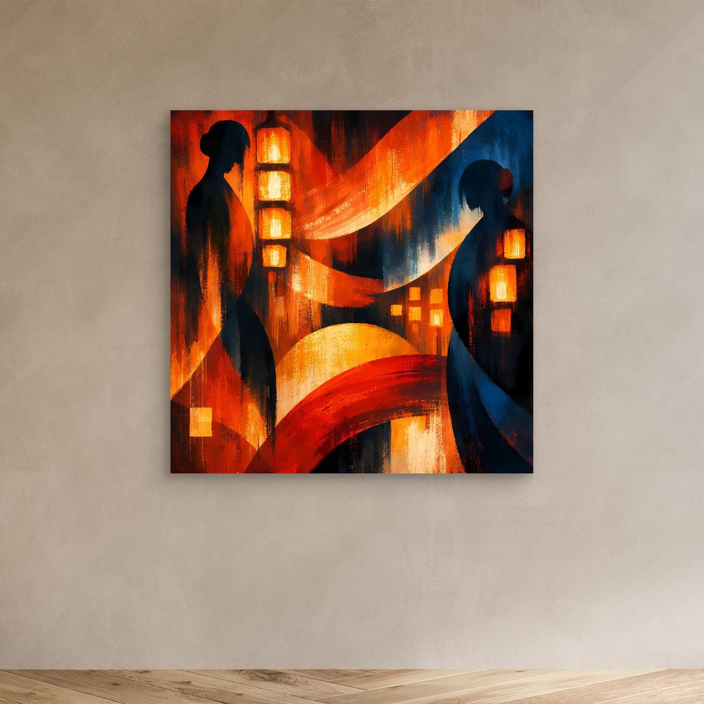 Japanisches Wandbild auf Leinwand mit zwei Geisha-Silhouetten und Laternen, abstraktem Rot-Blau-Motiv