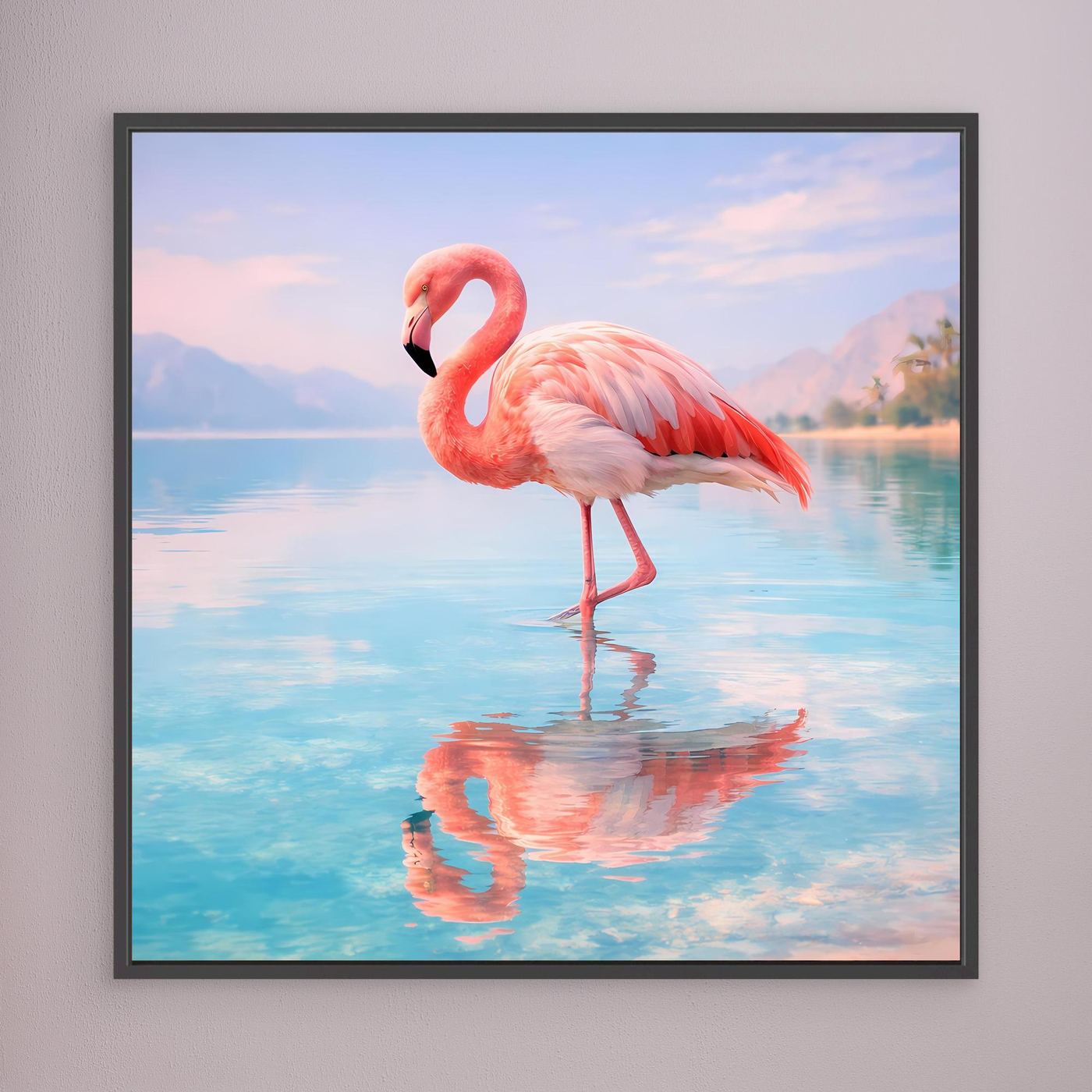Wandbild: Flamingo am See mit Spiegelung, schwarzer Rahmen
