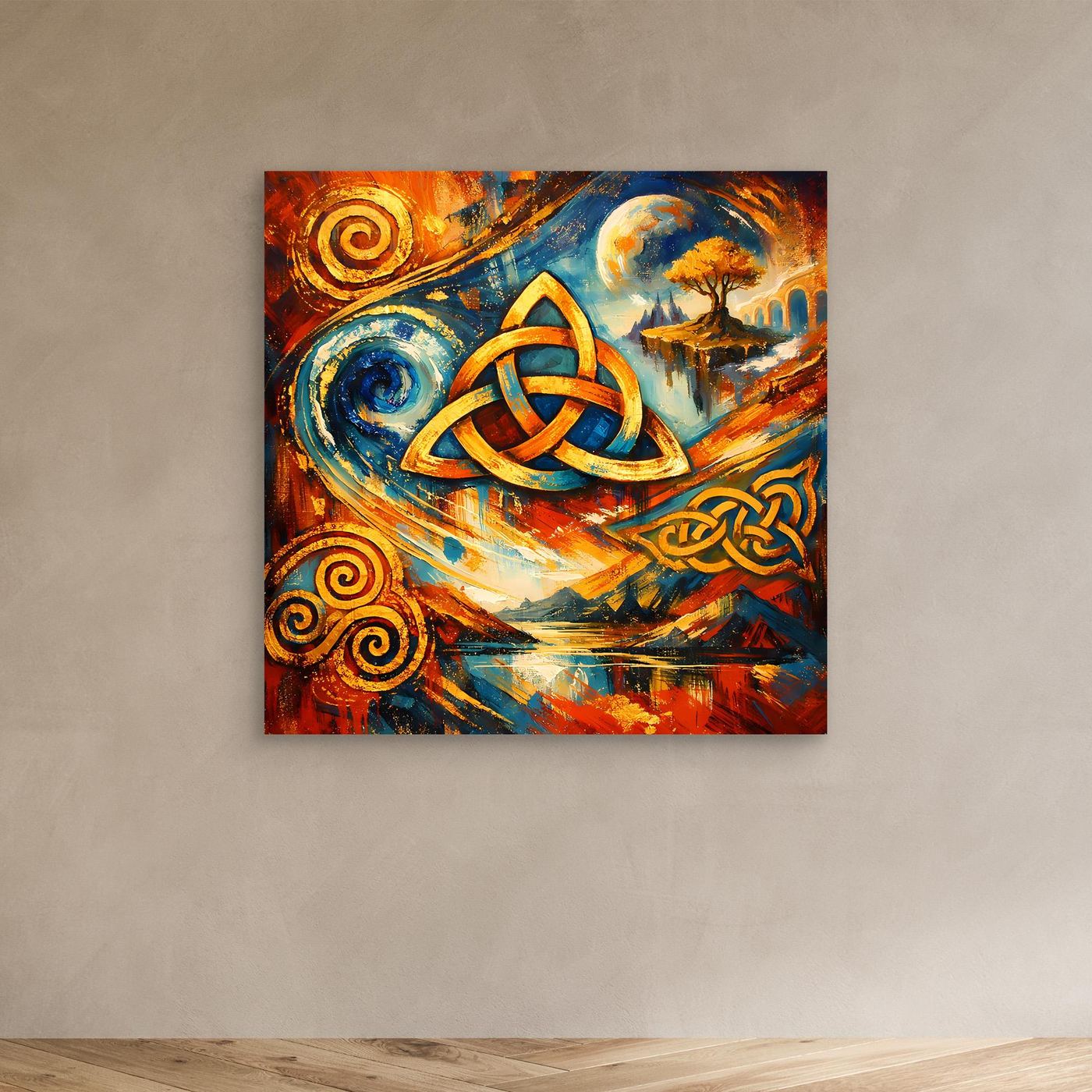 Abstraktes Leinwandbild mit keltischem Triqueta in Blau, Gold, Orange und Türkis