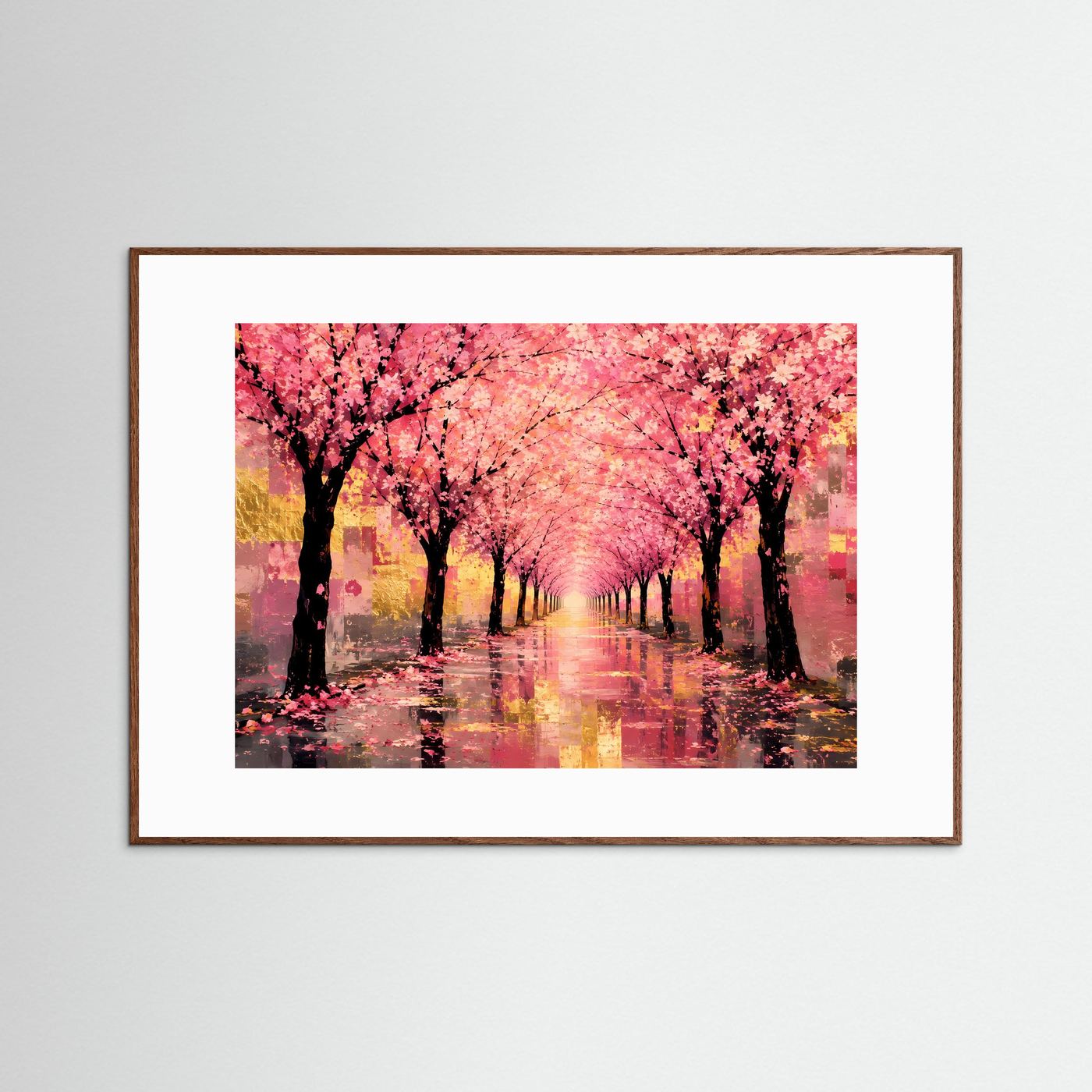 Poster im braunem Holzrahmen, Kirschblütenallee mit rosa Blüten und nassem Reflexweg