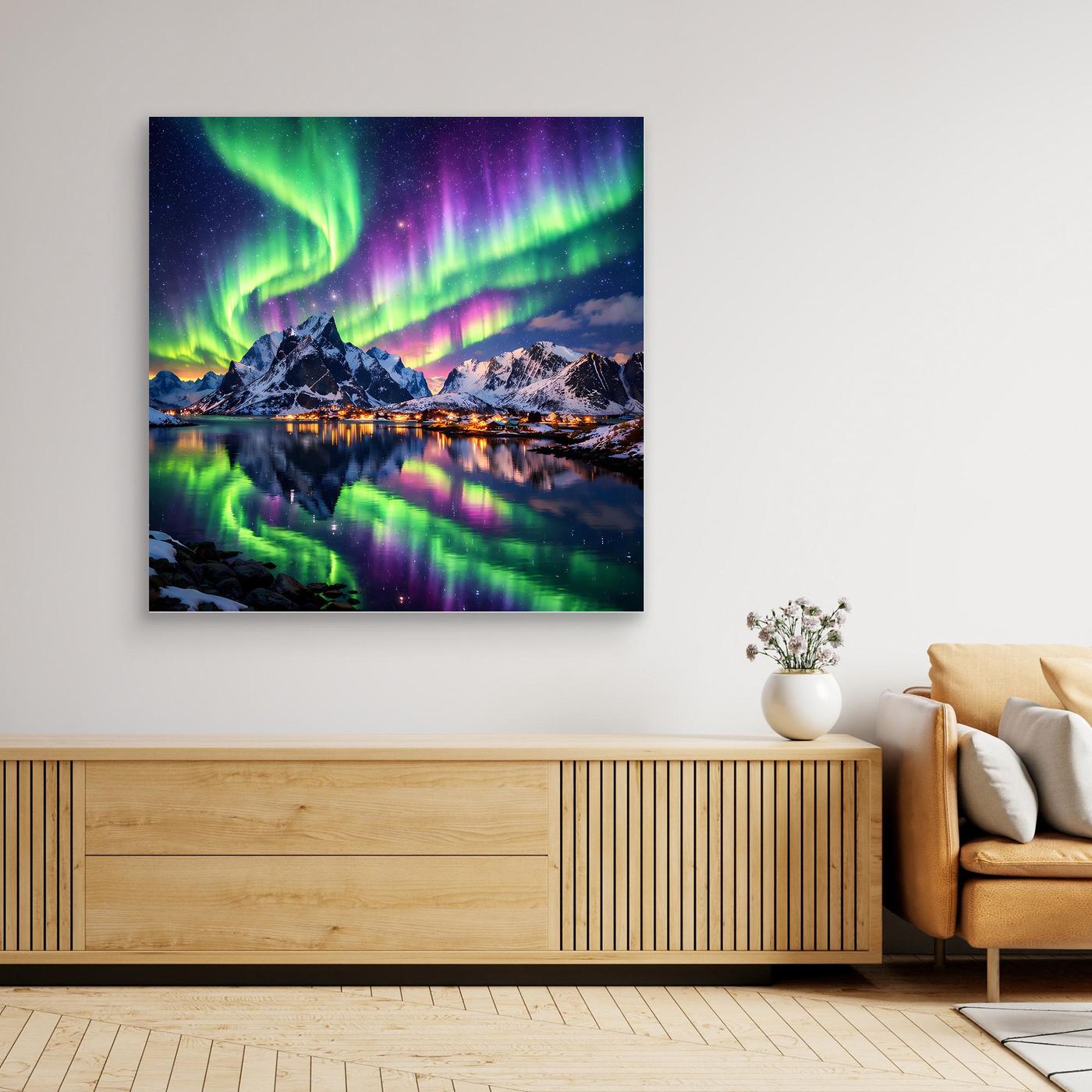 Leinwandbild mit Polarlichtern über Bergsee, grün-lila Lichtbögen, ohne Rahmen