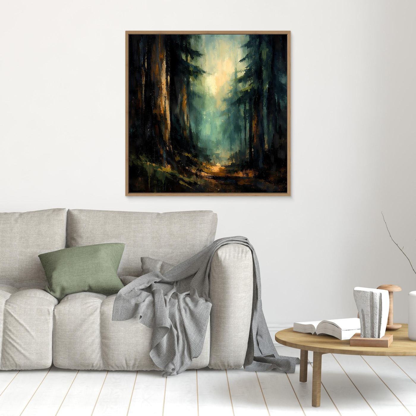Wandbild: abstrakter Wald mit Licht, goldener Pfad, im Eichenrahmen