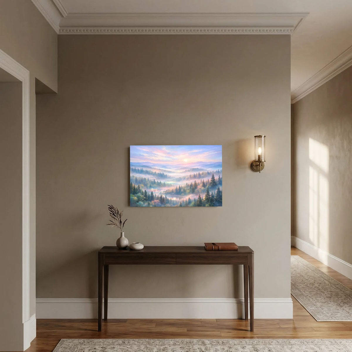 Wandposter querformat mit Waldlandschaft und Morgendunst