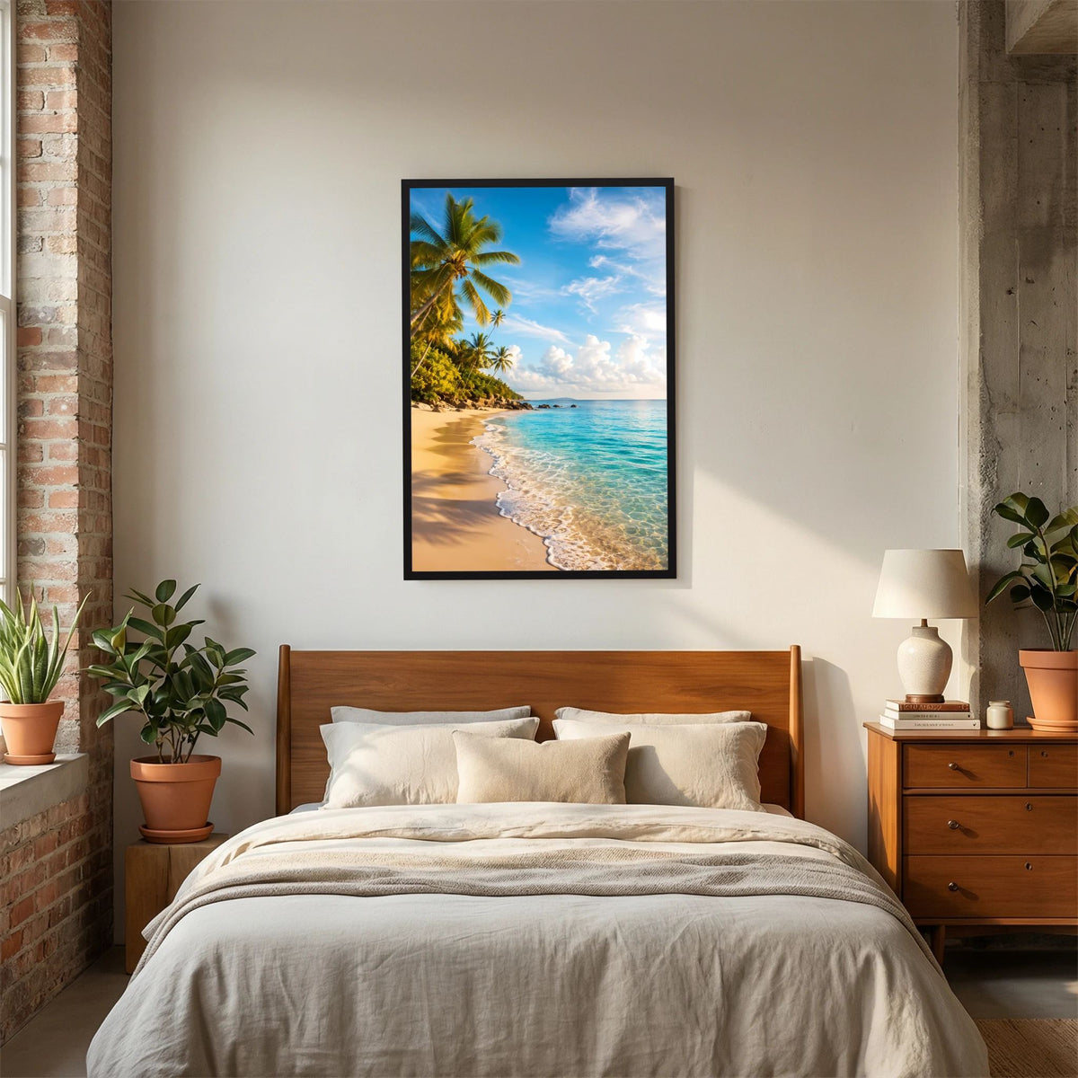 Hochformat-Poster Palmenstrand im dunklen Rahmen: türkisblaues Meer und goldener Sand