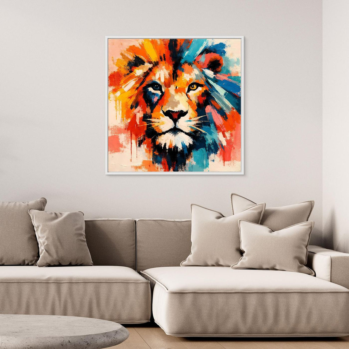Quadratisches Leinwandbild mit abstraktem Löwenkopf, orange und blau, mit weißem Rahmen