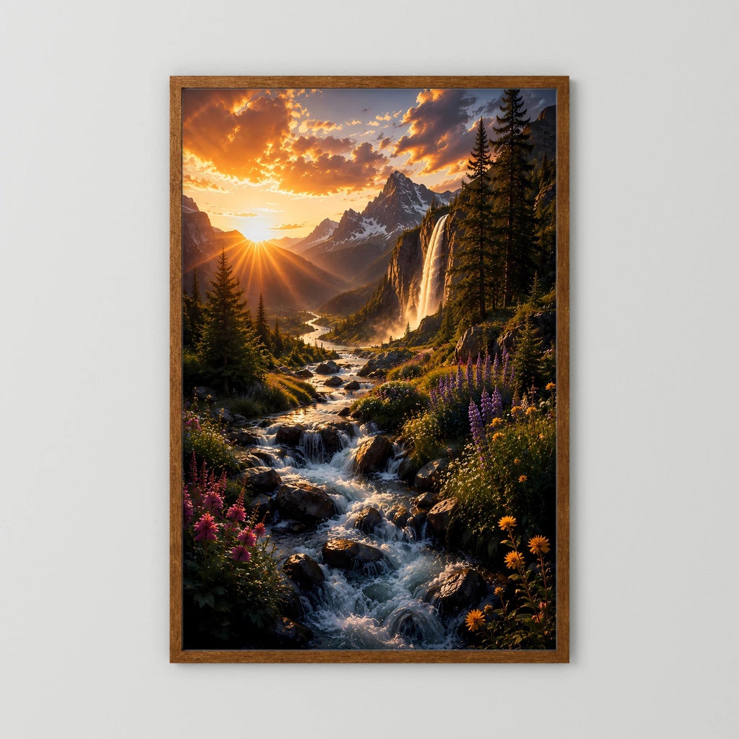 Bergwasserfall im Sonnenuntergang | Alpenlandschaft mit Wildblumen & Gebirgsbach | Poster Hochformat