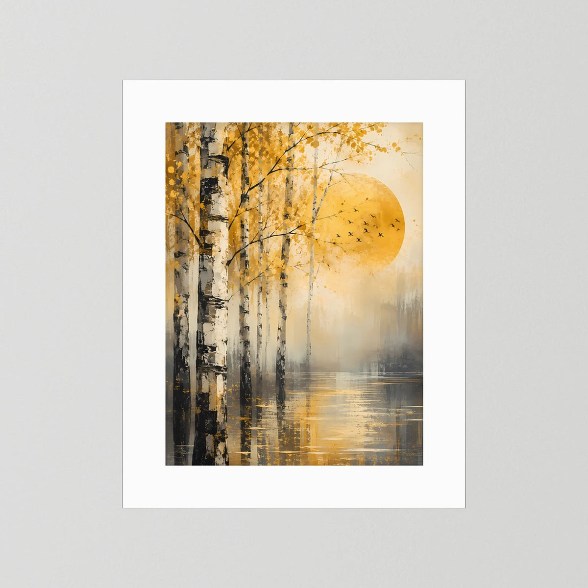 Hochformat-Poster mit weißem Rand: Birkenwald, goldene Sonne, Vögel und Spiegelung