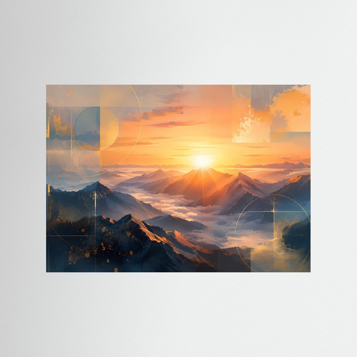 Abstrakte Berglandschaft im Sonnenaufgang | Majestätische Gipfel über dem Wolkenmeer in Gold, Orange & Tiefblau | Moderne Landschaftskunst