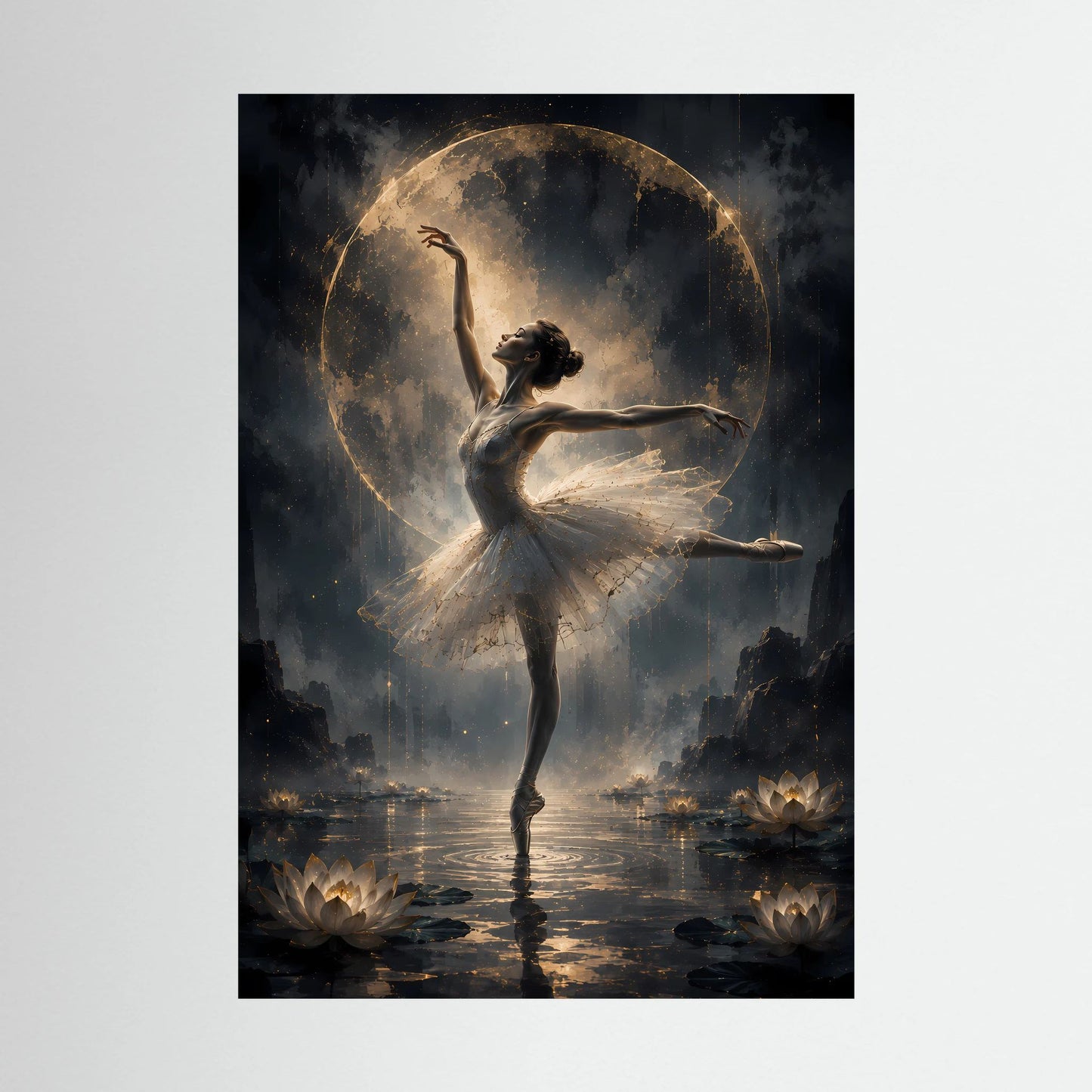 Hochformatiges Poster: Ballerina im goldenen Licht, tanzend über Wasser und Lotusblüten
